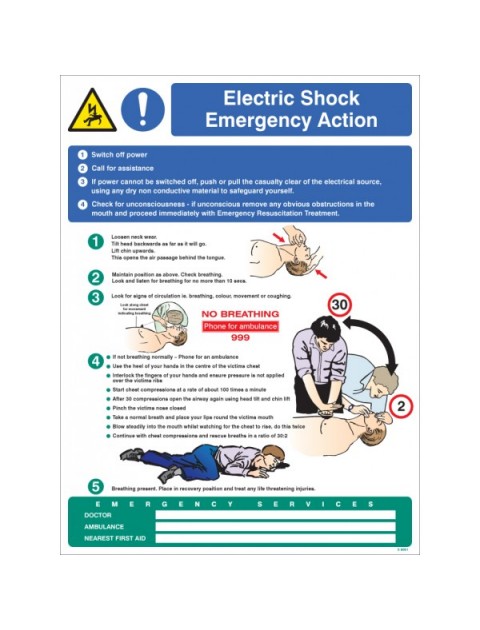 Electric Shock Emergency Action Wall Panel - 450 x 600mm Site Products